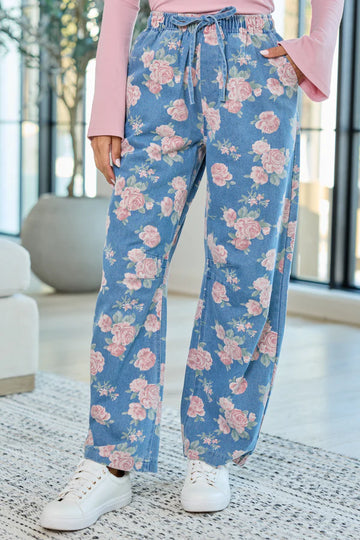 Rose Print Barrel Pull-On Jeans