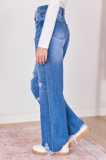 Medium Wash Distressed Wide Leg Jeans